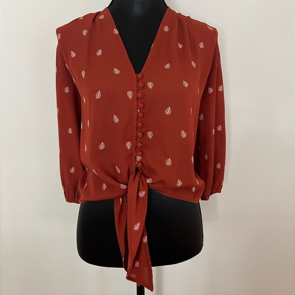 NWT Veronica M Button Front Blouse | "Prairie" Rust Leaf Print | Small